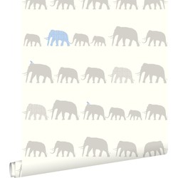 ESTAhome behang olifanten zilver en lichtblauw - 53 cm x 10,05 m - 137331