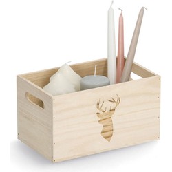 Zeller Opberg box/kist - naturel - hout - gestempeld hertenmotief - 25 x 15 x 14 cm - Opbergkisten