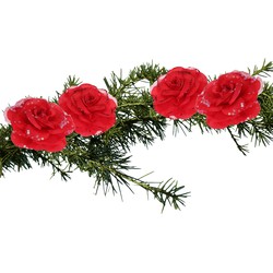 4x stuks decoratie bloemen rozen rood op clip 9 cm - Kunstbloemen