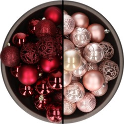 74x stuks kunststof kerstballen mix van donkerrood en lichtroze 6 cm - Kerstbal