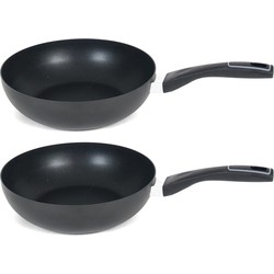Set van 2x stuks gusto zwarte wokpan voor alle hittebronnen 28 cm - Wokpannen
