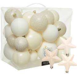 Pakket 32x stuks kunststof kerstballen en sterren ornamenten wol wit - Kerstbal