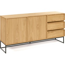 Kave Home - Taiana 2-deurs dressoir met 3 lades in eikenfineer en zwart stalen structuur, 160 x 78 cm