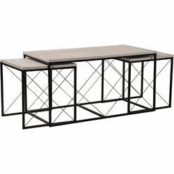 Set van 3 nestbare salontafels, travertin decor en zwart metaal L100 cm - DEFNE