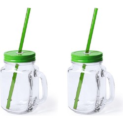2x stuks Drink potjes van glas Mason Jar groene deksel 500 ml - Drinkbekers