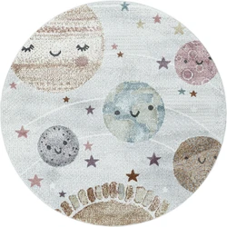 Kids Kinderkamer Rond Lichtgrijs vloerkleed - Planeten - 120 X 120 CM