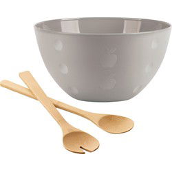 Serveerschaal/slakom met bamboe sla bestek - beige - 5 liter - kunststof - D26 x H14 cm - Serveerschalen
