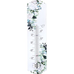 Alma Garden Binnen/buiten thermometer met lentebloemen print - wit - metaal - 29 x 6.5 cm - Buitenthermometers