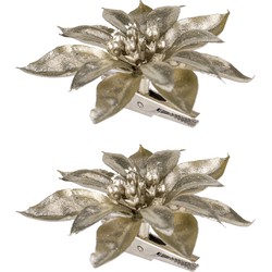 2x stuks decoratie bloemen kerstster champagne glitter op clip 9 cm - Kunstbloemen