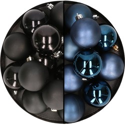 24x stuks kunststof kerstballen mix van zwart en donkerblauw 6 cm - Kerstbal