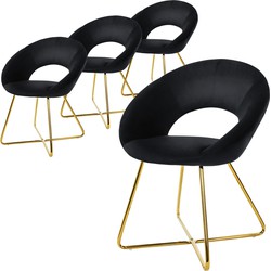 Set van 4 eetkamerstoelen met ronde open rugleuning zwart fluweel met goudkleurige metalen poten ML design