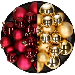 Kerstversiering kunststof kerstballen mix donkerrood/goud 6-8-10 cm pakket van 44x stuks - Kerstbal