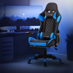 Gaming stoel met uittrekbare voetsteun 2D armsteun Zwart/Blauw in kunstleer ML Design