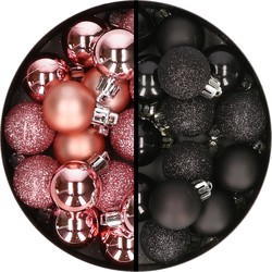 34x stuks kunststof kerstballen roze en zwart 3 cm - Kerstbal