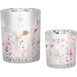 Clayre & Eef Theelichthouder Set van 2 Ø 7x8 / 10x13 cm Grijs Glas Bloemen