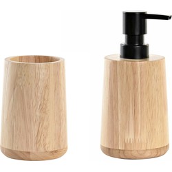 Badkamer accessoires setje drinkbeker en zeeppompje 16 cm bamboe/zwart - Zeeppompjes