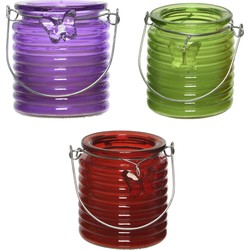 Citronella windlicht met kaars - 3x - paars/groen en rood - 20 branduren - citrusgeur - geurkaarsen