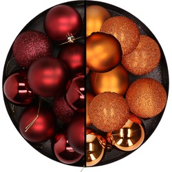 24x stuks kunststof kerstballen mix van donkerrood en oranje 6 cm - Kerstbal