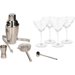 Cocktailshaker set RVS 5-delig inclusief 4x cocktail/martini glazen 260 ml - Cocktailshakers