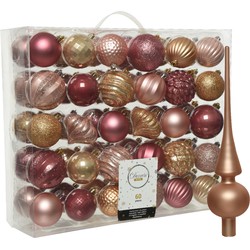 Kunststof kerstballen 60x stuks 6-7 cm met glazen matte piek roze en bruin - Kerstbal