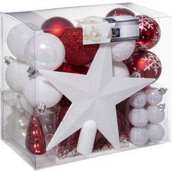 Feeric Christmas Kerstballen - 43x st - incl. ster piek - rood/wit - 3-6 cm - Kerstbal
