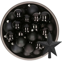 Kerstversiering kunststof kerstballen met piek zwart 6-8-10 cm pakket van 45x stuks - Kerstbal