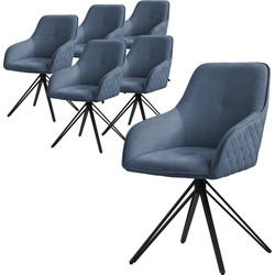 Draaibare eetkamerstoel set van 6 blauw textiel geweven stoffen keukenstoel met rugleuning en armleuningen ML design