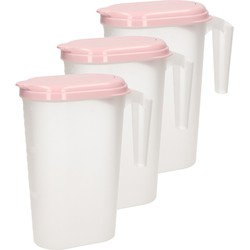 3x stuks waterkan/sapkan transparant/roze met deksel 1.6 liter kunststof - Schenkkannen
