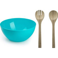 Salade serveer schaal - blauw - kunststof - Dia 28 cm - incl. bamboe Sla couvert/bestek - Serveerschalen