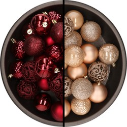 Kunststof kerstballen 74x stuks donkerrood en lichtbruin 6 cm - Kerstbal