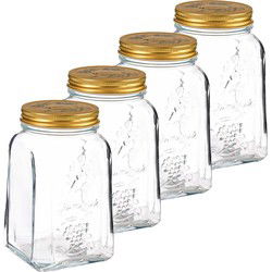 Pasabahce Voorraadpot/bewaarpot Square - 4x - glas - 1,5L - transparant/goud - D10 x H19 cm - voedsel bewaren - Voorraadpot