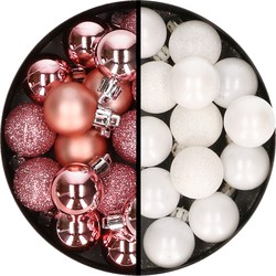 34x stuks kunststof kerstballen roze en wit 3 cm - Kerstbal