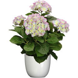 Hortensia kunstplant/kunstbloemen 45 cm - paars/groen - in pot wit glans - Kunstplanten