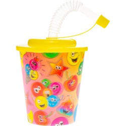 Decopatent® 12 STUKS VROLIJKE SMILEY 3D Drink Beker met Rietje en Deksel - 250ML - Smilli Plastic Bekers - Kinderfeestje - Kinderverjaardag Bekertjes - Traktatie - Uitdeelcadeaus