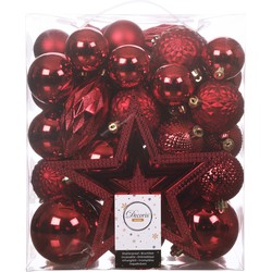 Set 66x stuks kunststof kerstballen met ster piek rood - Kerstbal