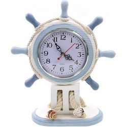 Maritieme stuurwiel thema tafelklok - Hout - 21 x 27 cm - blauw/wit - Tafelklokken