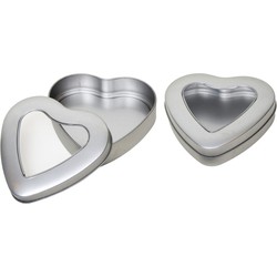 2x Zilver hart bewaarblik/opbergblik 13 cm met doorzichtig venster - Voorraadblikken