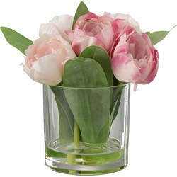 J-line - Tulpen In Vaas Rond Plastiek Glas Roze Small - 17x17x19.5cm