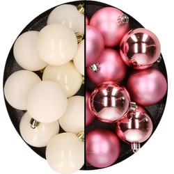 Kunststof kerstballen 6 cm - 24x stuks - wol wit en roze - glans/mat - Kerstbal