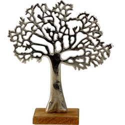Decoratie levensboom - Tree of Life - aluminium/hout - 23 x 26 cm - zilver kleurig - Beeldjes