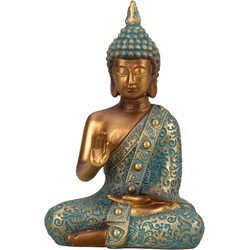 Boeddha beeld Shaman - binnen/buiten - kunststeen - goud/jade - 10 x 14 cm - Beeldjes