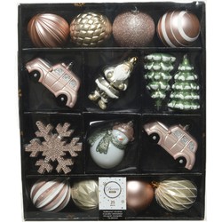 25x Kerstballen en kersthangers figuurtjes salie groen/parel/lichtroze/wit kunststof - Kersthangers