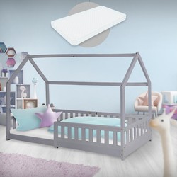 Kinderbed met uitvalbeveiliging lattenbodem en dak 200x90 cm Lichtgrijs grenenhout ML-Design