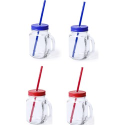 4x stuks drink potjes van glas Mason Jar blauw/rood 500 ml - Drinkbekers