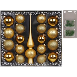 Set 19-delig met glazen kerstballen en piek goud incl 40x haakjes - Kerstbal