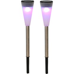 2x RVS Buitenlampen/tuinlampen LED stekers solar verlichting 36 cm gekleurd - Prikspotjes