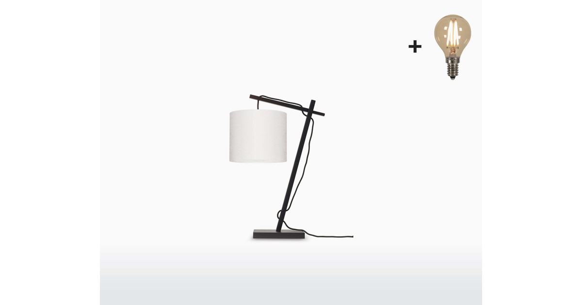 Tafellamp – ANDES – Zwart Bamboe - Wit Linnen - Met LED-lamp