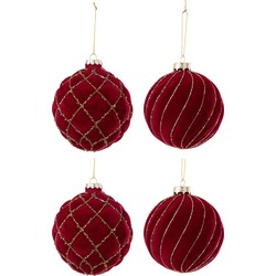 J-line - Doos Van 4 Kerstbal 2+2 Lijnen/geruit Fluweel Rood/goud - 10x10x10cm