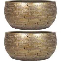 Set van 2x plantenpot/bloempot schaal keramiek glans goud stones patroon - D29/H14 cm - Plantenpotten