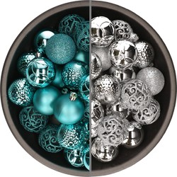74x stuks kunststof kerstballen mix van turquoise blauw en zilver 6 cm - Kerstbal